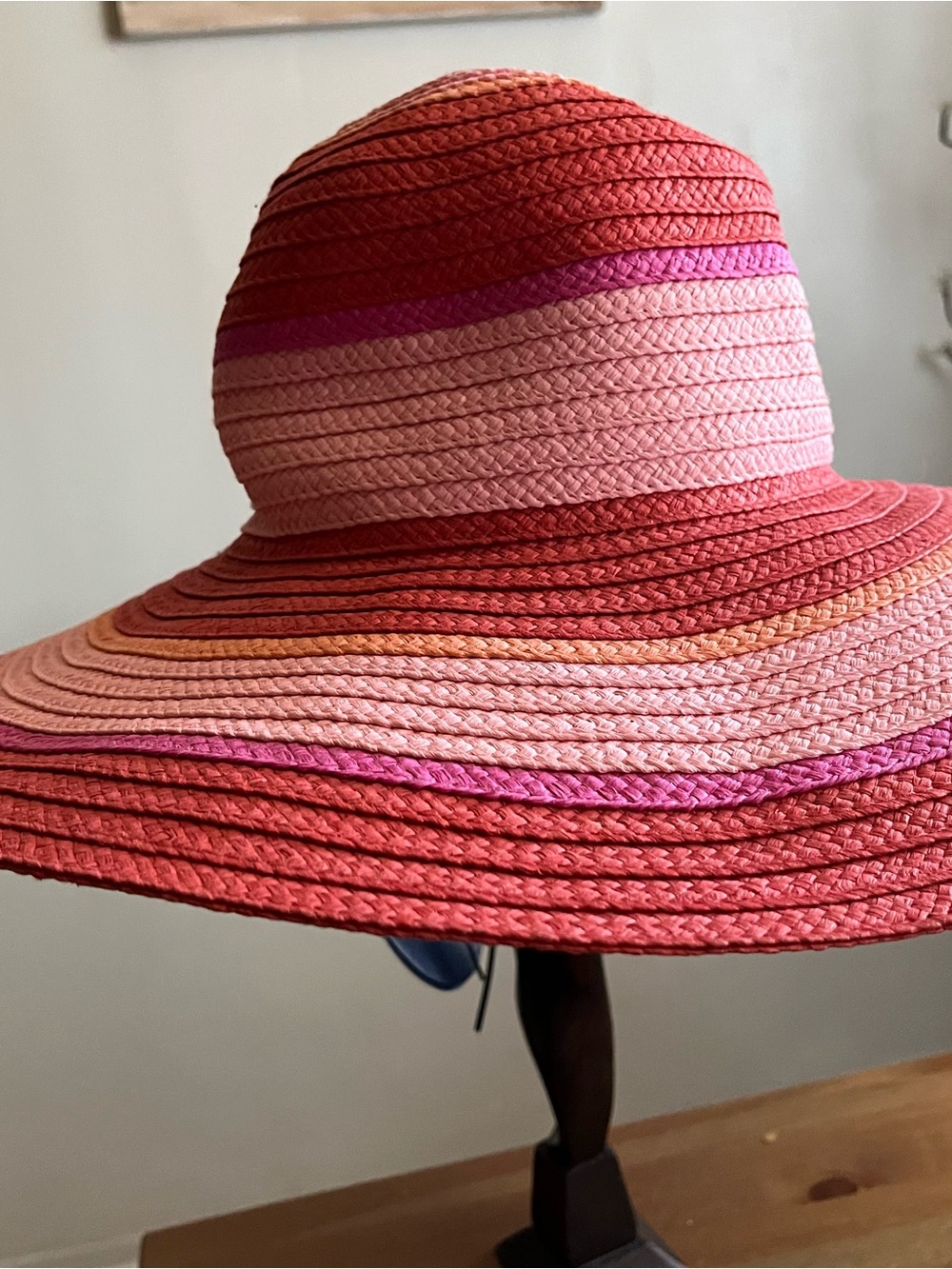 Women’s Wide Brim Sun Hat - Pink & Coral Stripe - Picture 2 of 7